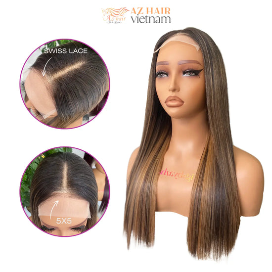 5x5 Lace Closure Wig 16 Inch Straight Swiss Lace Detail