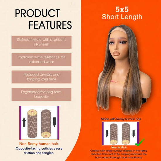 5x5 Lace Closure Wig 16 Inch Straight Swiss Lace