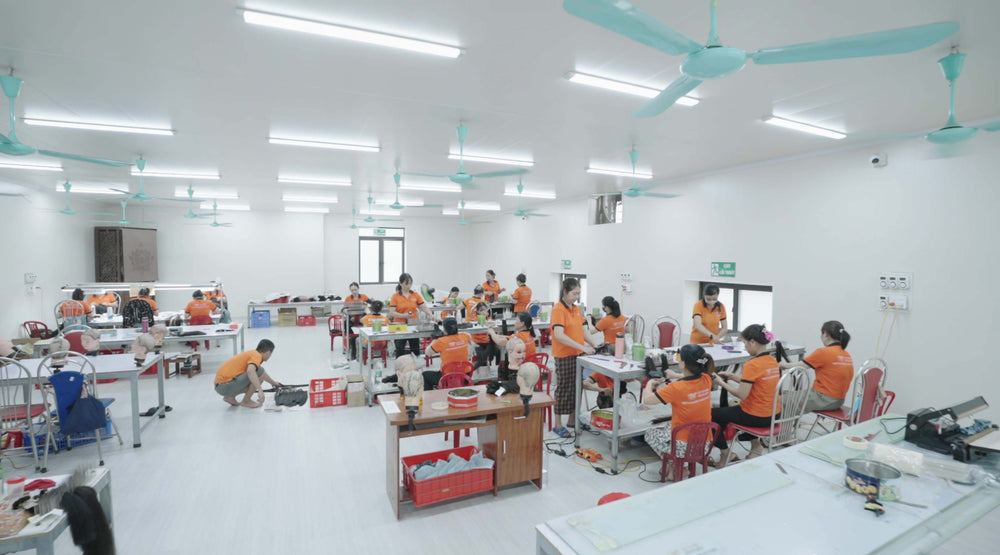 AZ Hair Vietnam production floor with rows of workstations