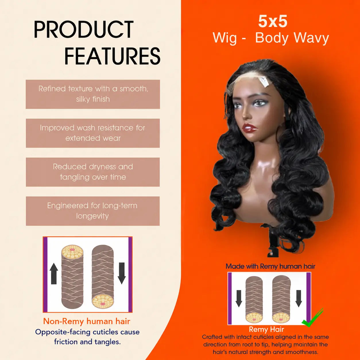 Long Wigs - 5x5 Lace Closure Wig 22 inch Body Wavy HD Lace #1B Natural Black