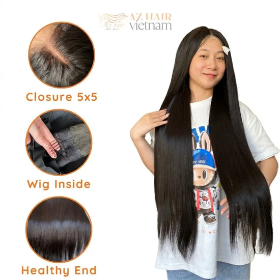 Long Wigs - 5x5 Lace Closure Wig 28 Inch Straight HD Lace #1B Natural Black Lace detail