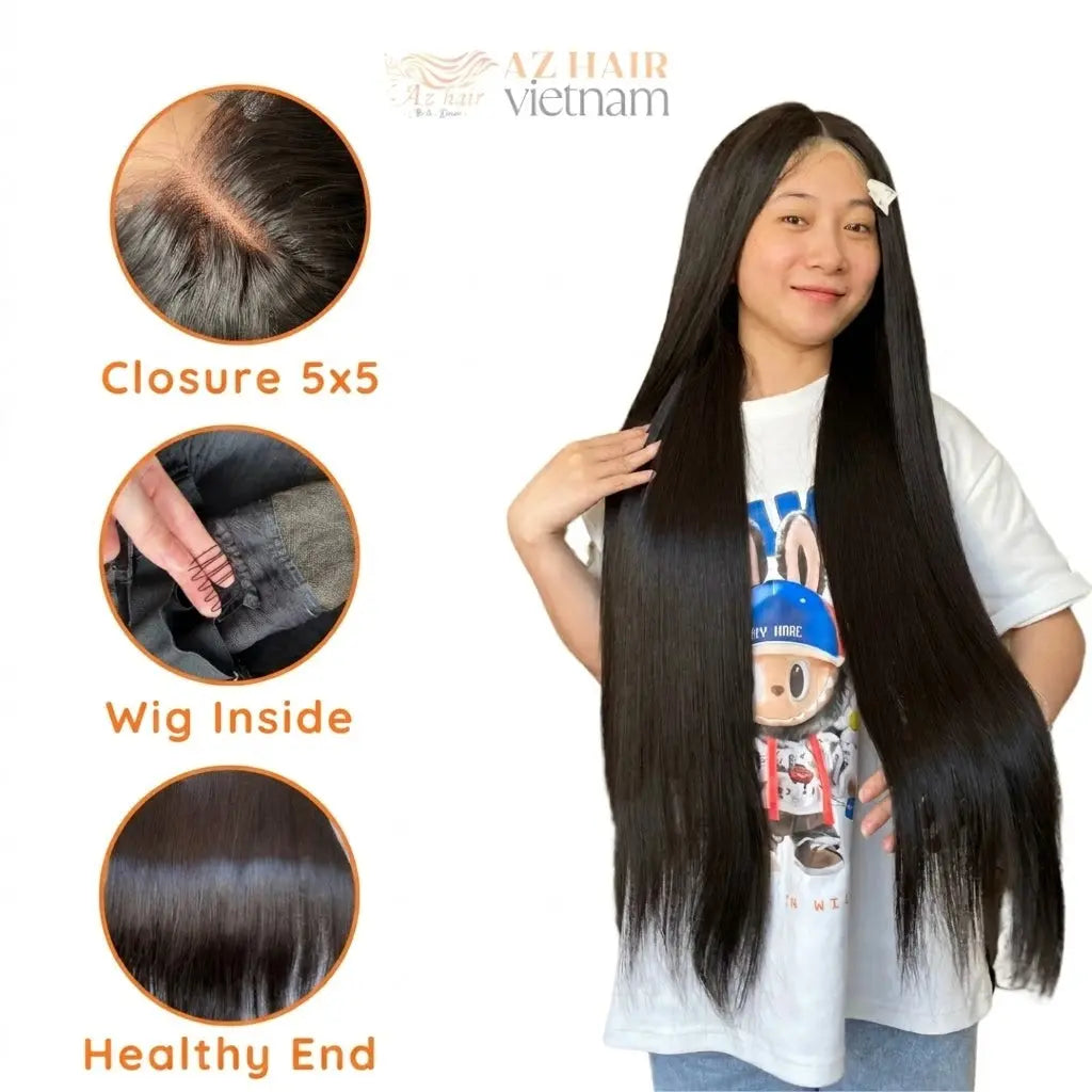 Long Wigs - 5x5 Lace Closure Wig 28 Inch Straight HD Lace #1B Natural Black Lace detail