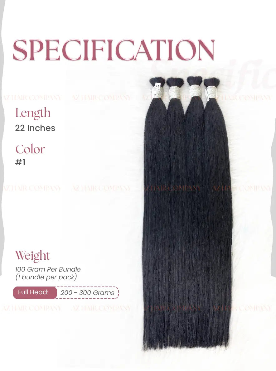 Jet Black (#1) Bone Straight Bulk Hair Extensions 100g / AZ Hair Vietnam 