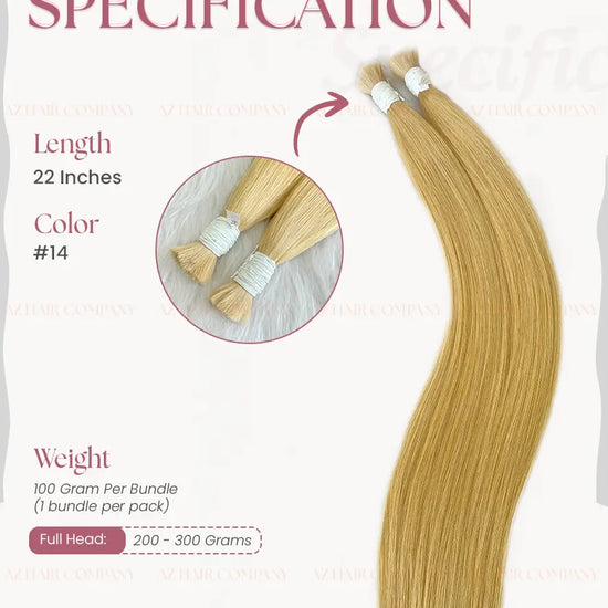 Light Brown #14 Bone Straight Bulk Hair Extensions 100g / AZ Hair Vietnam