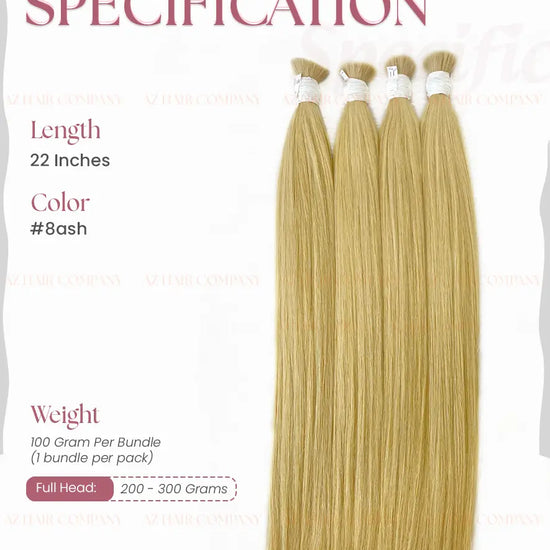 Light Brown #8ash Bone Straight Bulk Hair Extensions 100g / AZ Hair Vietnam 