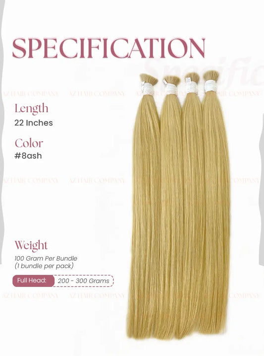 Light Brown #8ash Bone Straight Bulk Hair Extensions 100g / AZ Hair Vietnam 