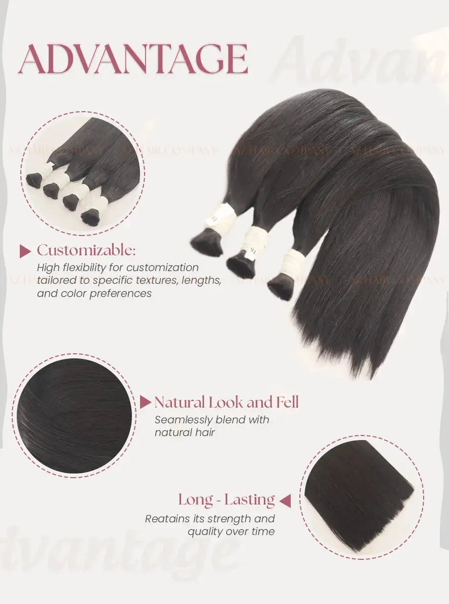 Jet Black (#1) Bone Straight Bulk Hair Extensions 100g - Raw Vietnamese Hair Dyed / AZ Hair Vietnam