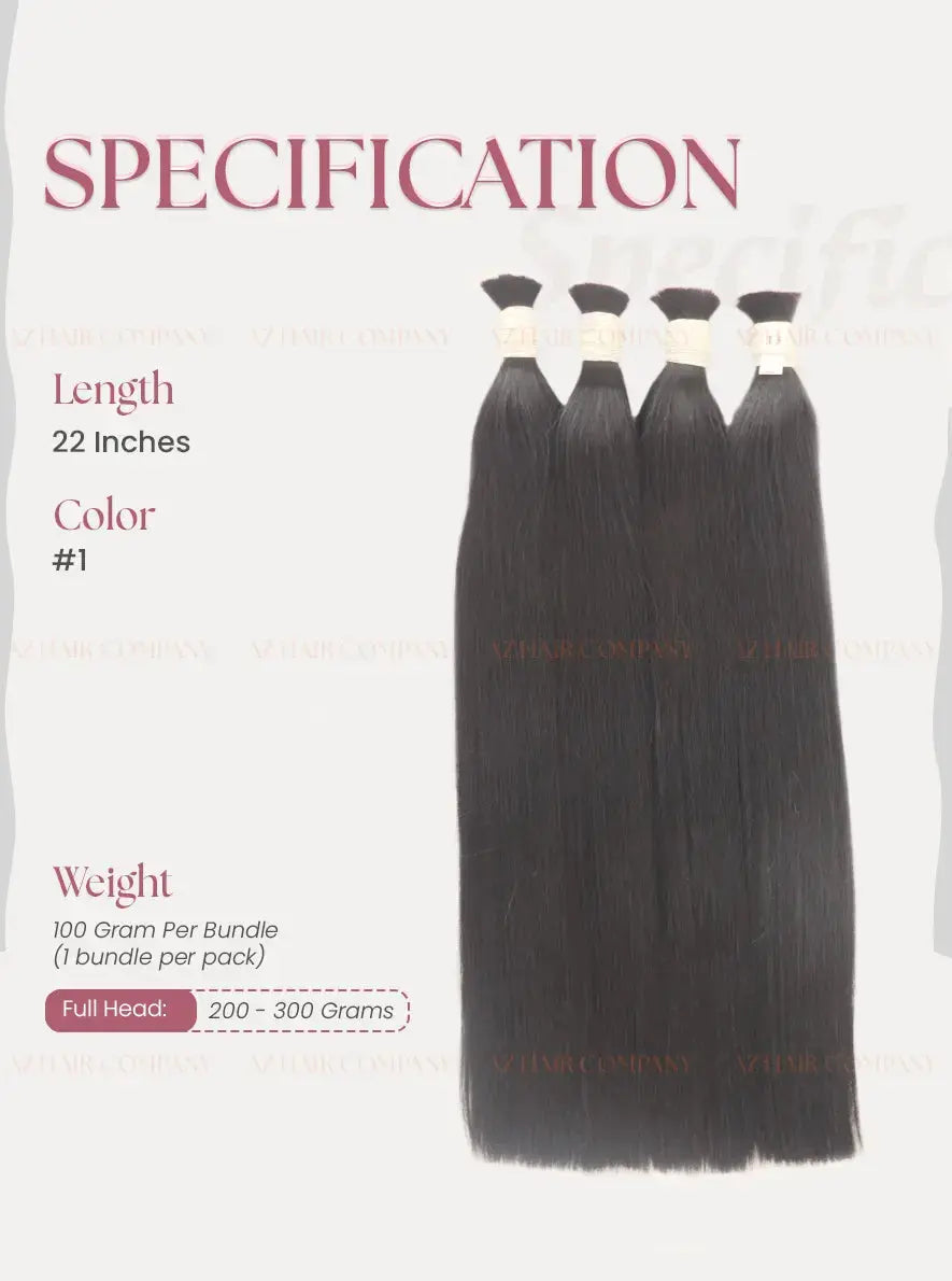 Jet Black (#1) Bone Straight Bulk Hair Extensions 100g - Raw Vietnamese Hair Dyed / AZ Hair Vietnam