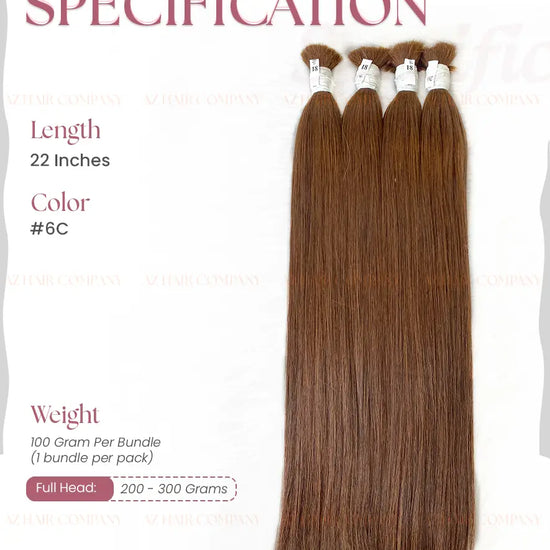 Light Brown #6C Bulk Hair Extensions 100g / AZ Hair Vietnam