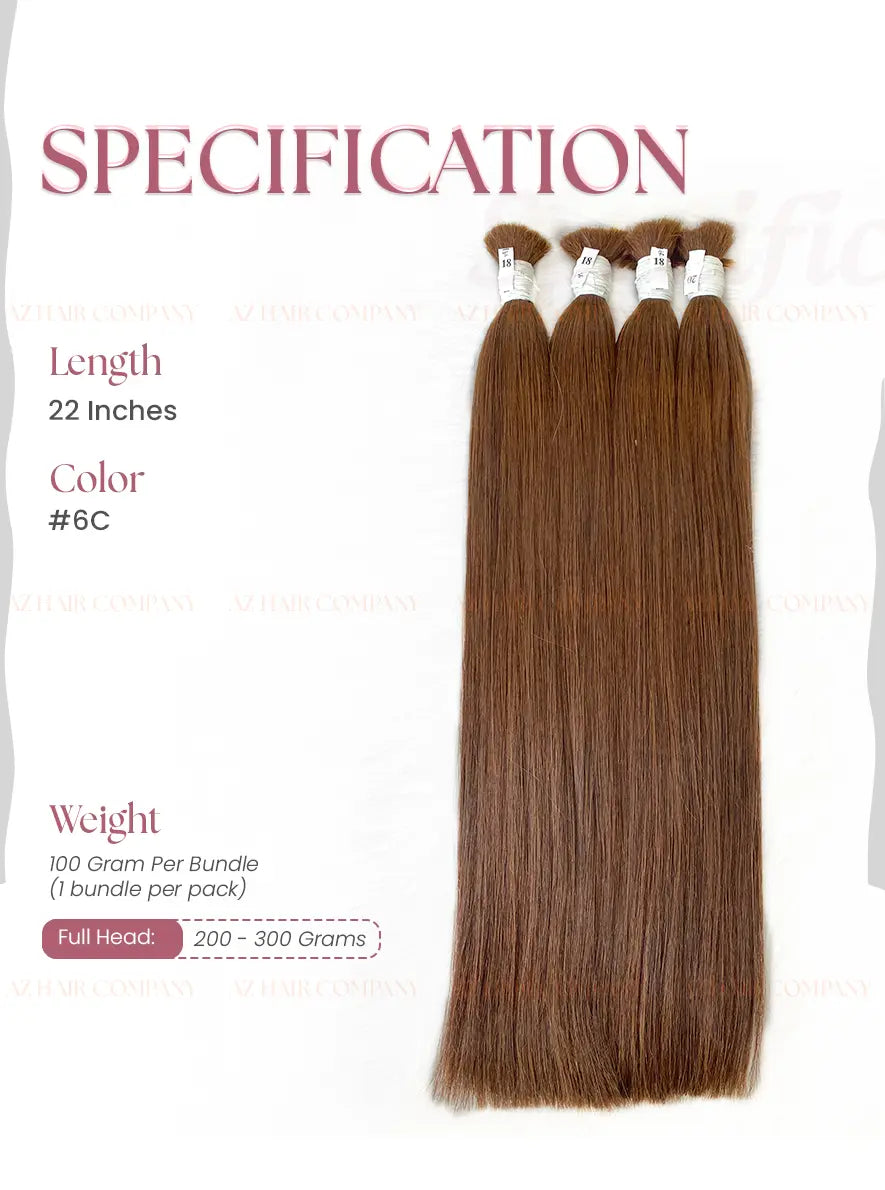 Light Brown #6C Bulk Hair Extensions 100g / AZ Hair Vietnam