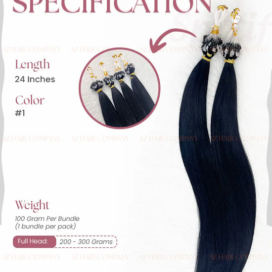 Jet Black #1 Bone Straight  Micro Loop Hair Extensions 100g - Vietnamese Raw Hair / AZ Hair Vietnam