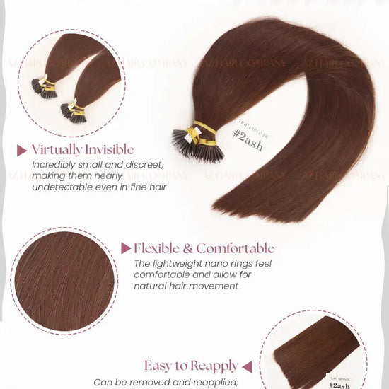 Dark Brown (#2ash) Bone Straight Nano Tip In Hair Extensions 100g - AZ Hair Factory / AZ Hair Extensions