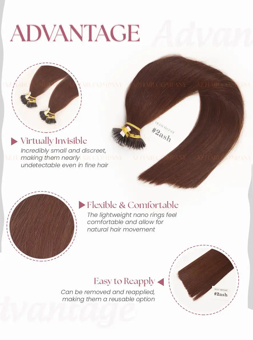 Dark Brown (#2ash) Bone Straight Nano Tip In Hair Extensions 100g - AZ Hair Factory / AZ Hair Extensions