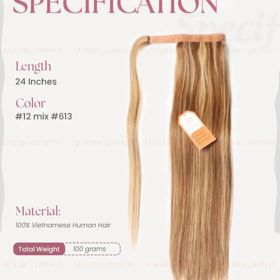 Highlight (#12/#613) Bone Straight Ponytail Hair Extensions 1pcs - AZ Hair Vietnam Factory / AZ Hair Vietnam