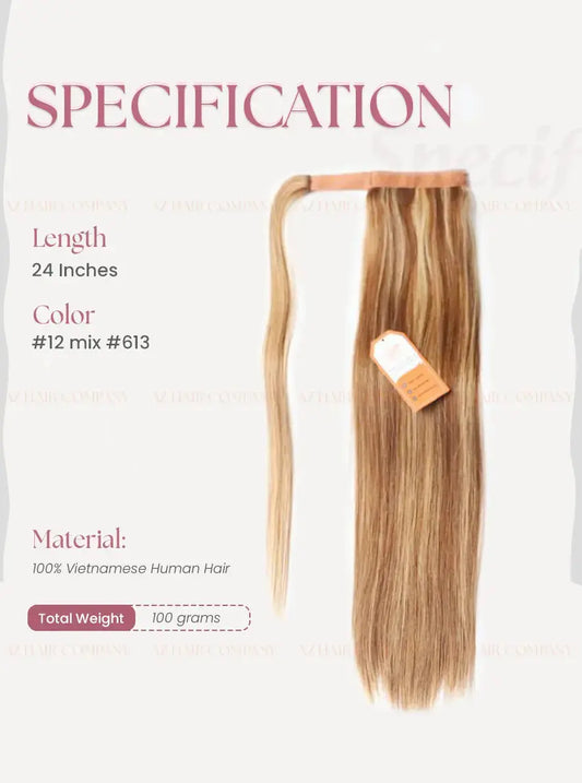 Highlight (#12/#613) Bone Straight Ponytail Hair Extensions 1pcs - AZ Hair Vietnam Factory / AZ Hair Vietnam