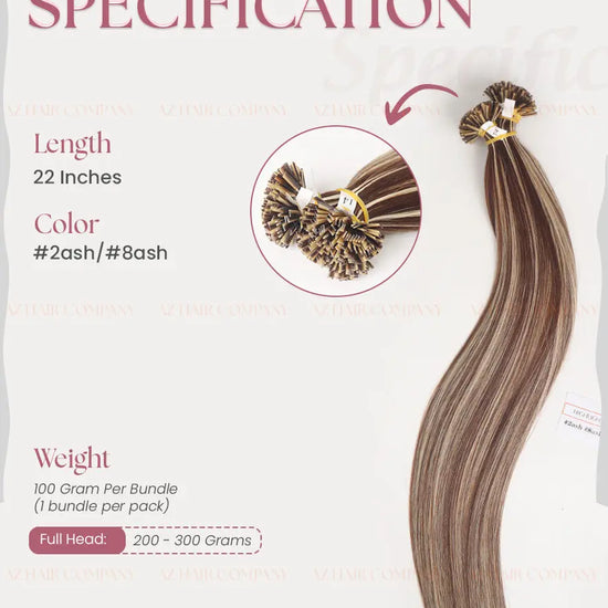Highlight (#2ash/8ash) Bone Straight  Flat Tip Hair Extensions 100g - Cuticle Aligned Raw Hair / AZ Hair Vietnam