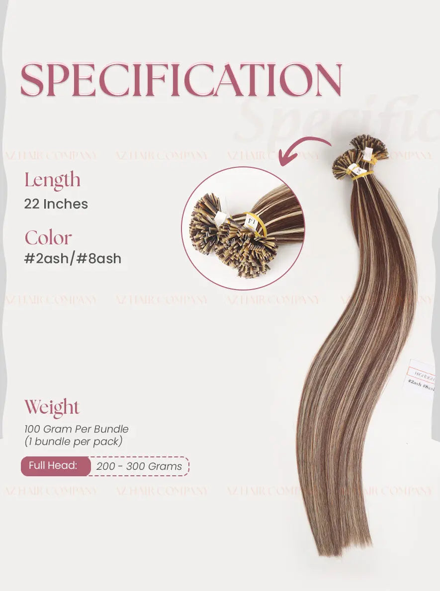 Highlight (#2ash/8ash) Bone Straight  Flat Tip Hair Extensions 100g - Cuticle Aligned Raw Hair / AZ Hair Vietnam