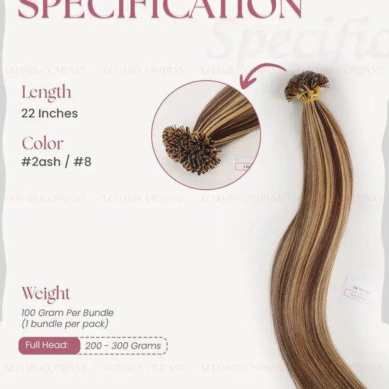 Highlight (#2ash/#8) Bone Straight Flat Tip Hair Extensions 100g - Raw Vietnamese Hair / AZ Hair Vietnam
