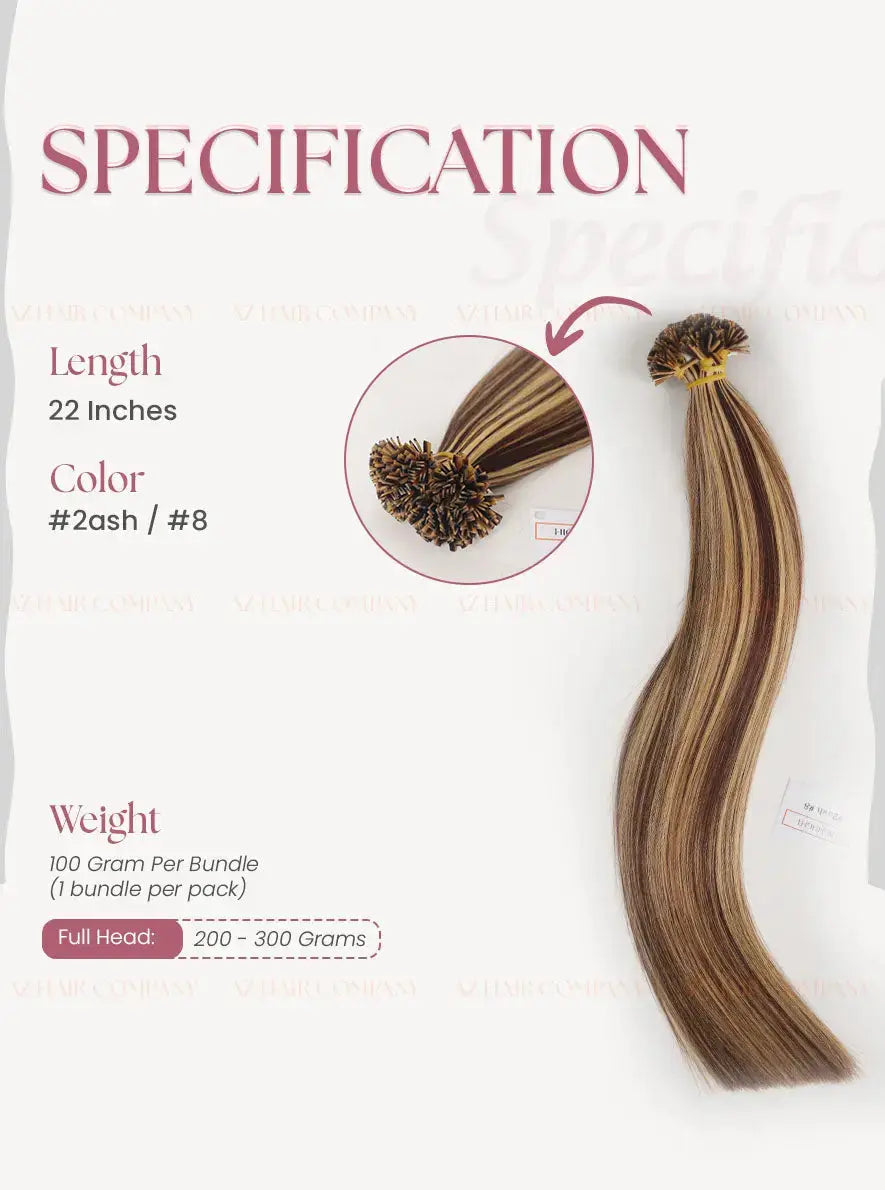Highlight (#2ash/#8) Bone Straight Flat Tip Hair Extensions 100g - Raw Vietnamese Hair / AZ Hair Vietnam