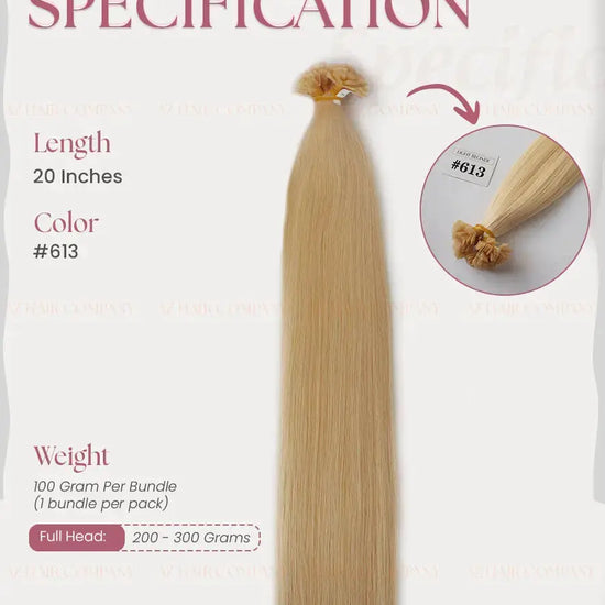 Light Blonde (#613) Bone Straight Flat Tip Hair Extensions 100g - Cuticle Aligned Raw Hair / AZ Hair Vietnam