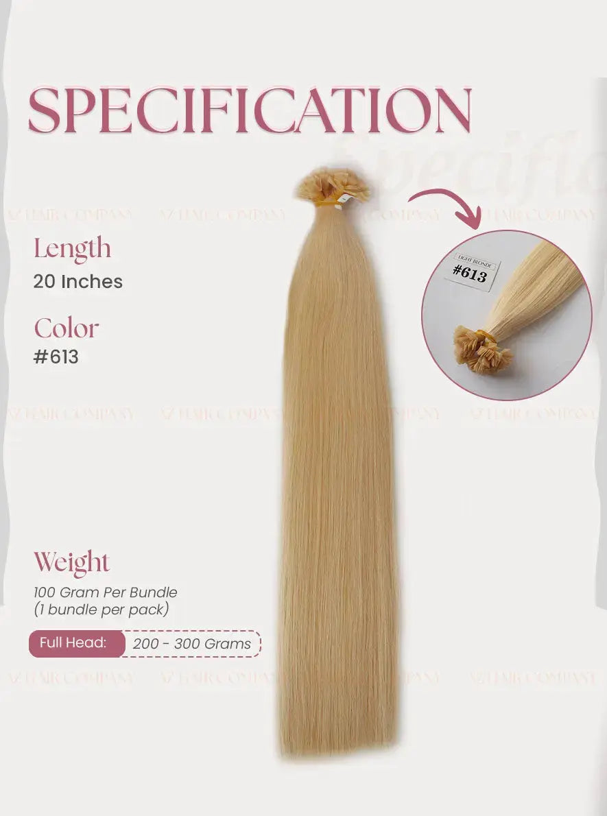 Light Blonde (#613) Bone Straight Flat Tip Hair Extensions 100g - Cuticle Aligned Raw Hair / AZ Hair Vietnam