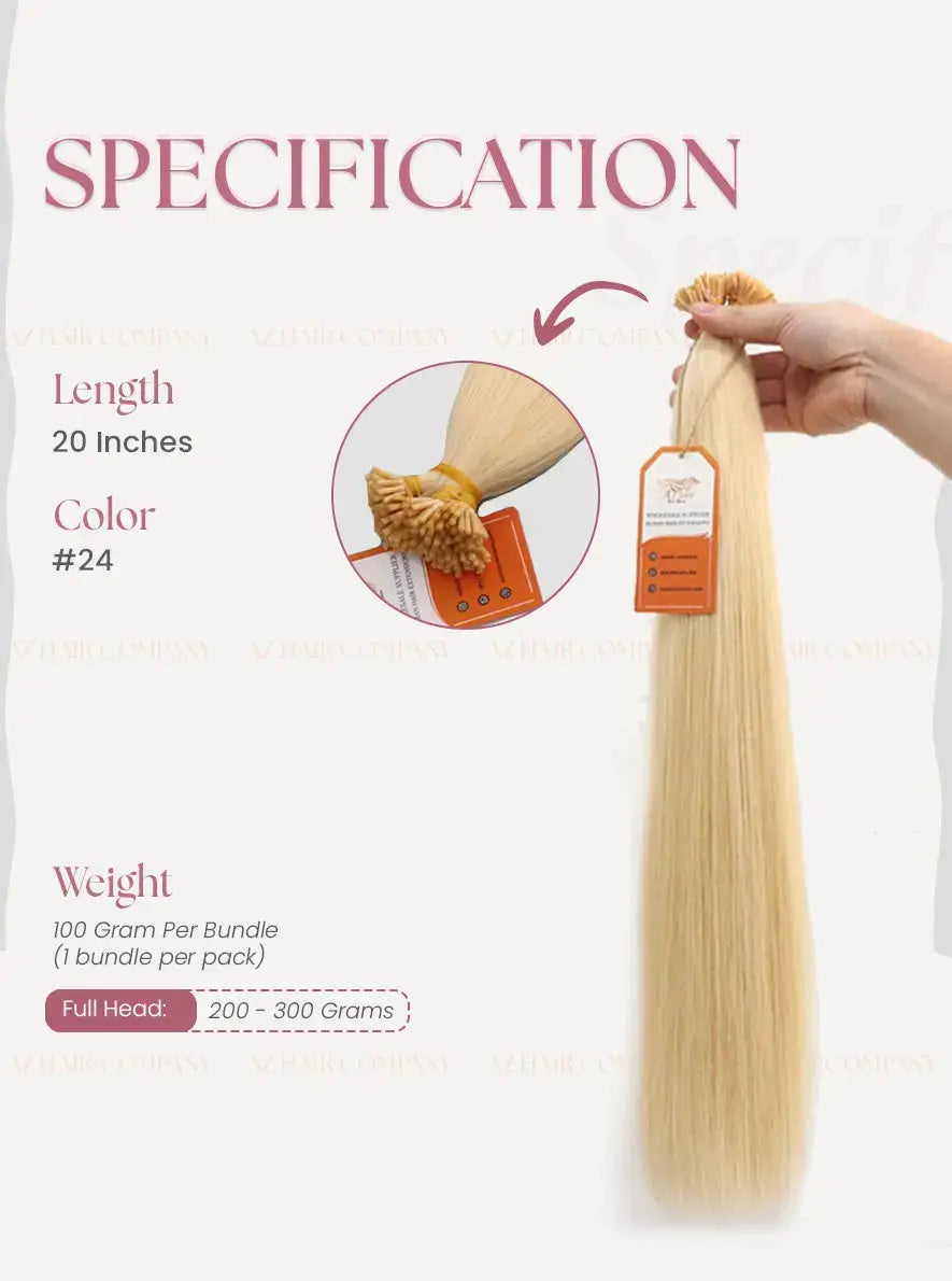 Light Blonde ( #24) Bone Straight I-Tip Hair Extensions 100g - Direct Factory Vietnam / AZ Hair Vietnam