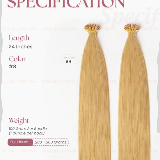 Light Brown (#8) Bone Straight I Tip Hair Extensions 100g - AZ Hair Vietnam