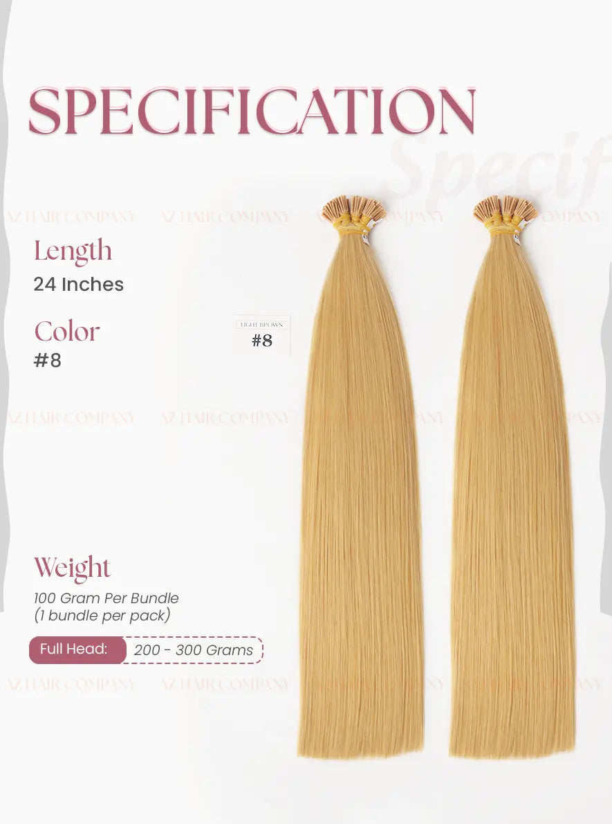 Light Brown (#8) Bone Straight I Tip Hair Extensions 100g - AZ Hair Vietnam