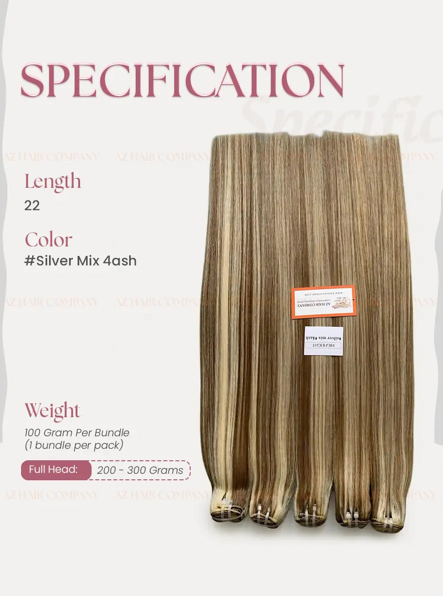 Highlight #silver/#4ash Bone Straight Machine Weft Hair Extensions 100g - 100% Vietnamese Human Hair / AZ Hair Vietnam