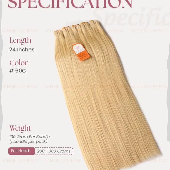 Light Blonde #60c Bone Straight Machine Weft Hair Extensions 100g - Single Donor Vietnamese Hair / AZ Hair Vietnam