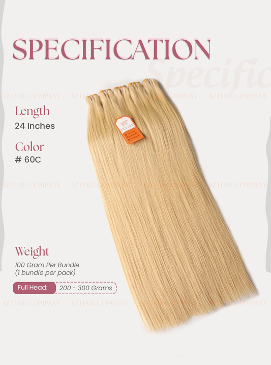 Light Blonde #60c Bone Straight Machine Weft Hair Extensions 100g - Single Donor Vietnamese Hair / AZ Hair Vietnam