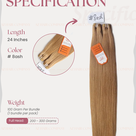 Light Brown #8ash Bone Straight Machine Weft Hair Extensions 100g - Single Donor Vietnamese Hair / AZ Hair Vietnam