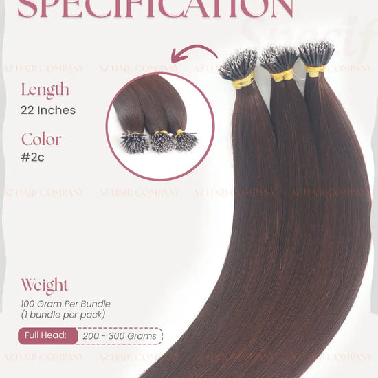 Dark Brown (#2C) Bone Straight Nano Tip Hair Extensions 100g - 100% Raw Vietnamese Human Hair / AZ Hair Vietnam