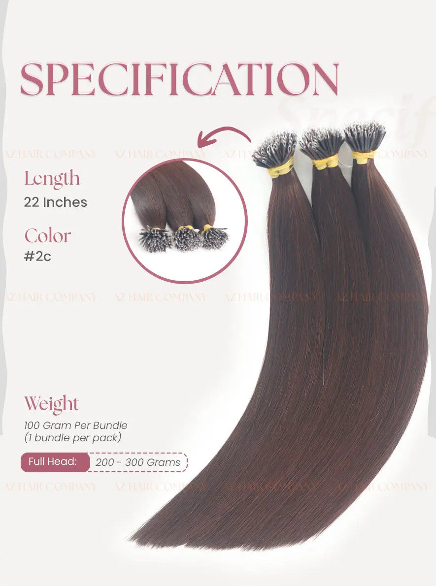 Dark Brown (#2C) Bone Straight Nano Tip Hair Extensions 100g - 100% Raw Vietnamese Human Hair / AZ Hair Vietnam