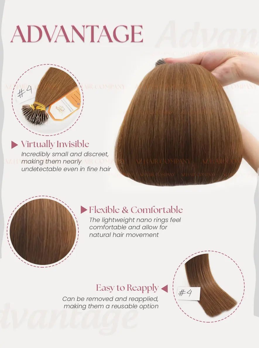 Light Brown #4 Bone Straight Nano Tip Hair Extensions 100g - 100% Vietnamese Human Hair / AZ Hair Vietnam