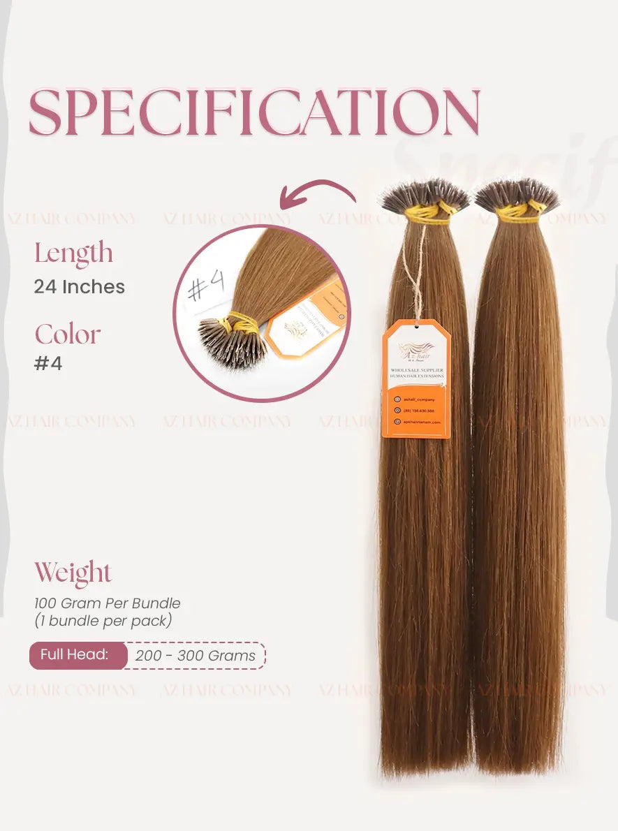 Light Brown #4 Bone Straight Nano Tip Hair Extensions 100g - 100% Vietnamese Human Hair / AZ Hair Vietnam