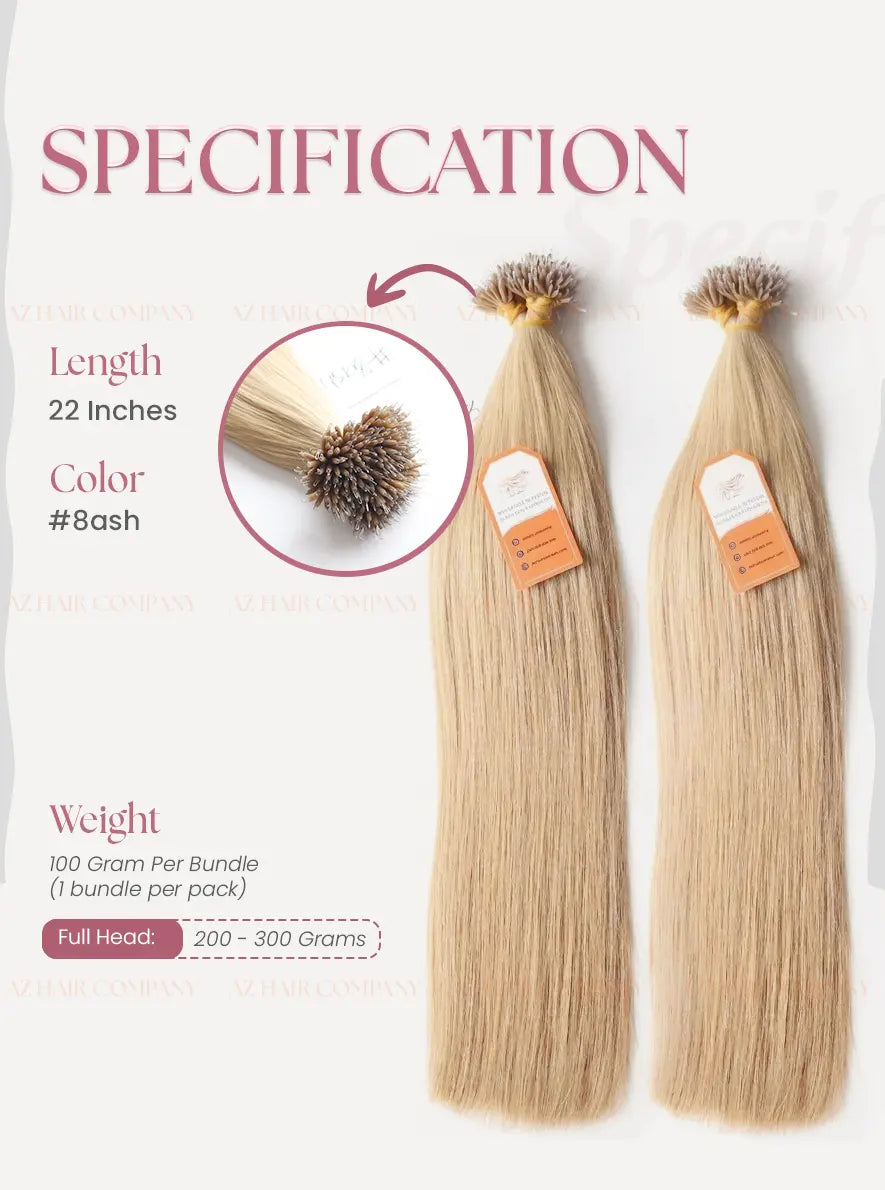 Light Brown #8ash Bone Straight Nano Tip Hair Extensions 100g - Vietnam Raw Hair /  AZ Hair Vietnam