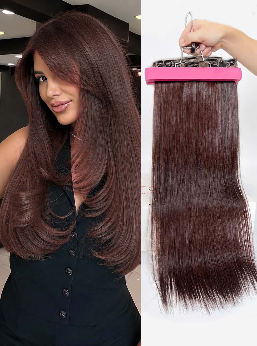 Dark Brown #2C Straight Regular Clip In Hair Extensions 7pcs 150g Model