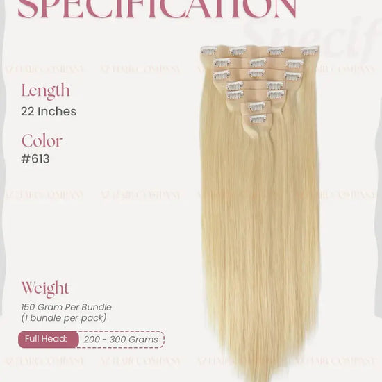 Light Blonde (#613) Bone Straight Regular Clip-In Hair 7pcs 150g - Single Donor Vietnamese Hair / AZ Hair Vietnam