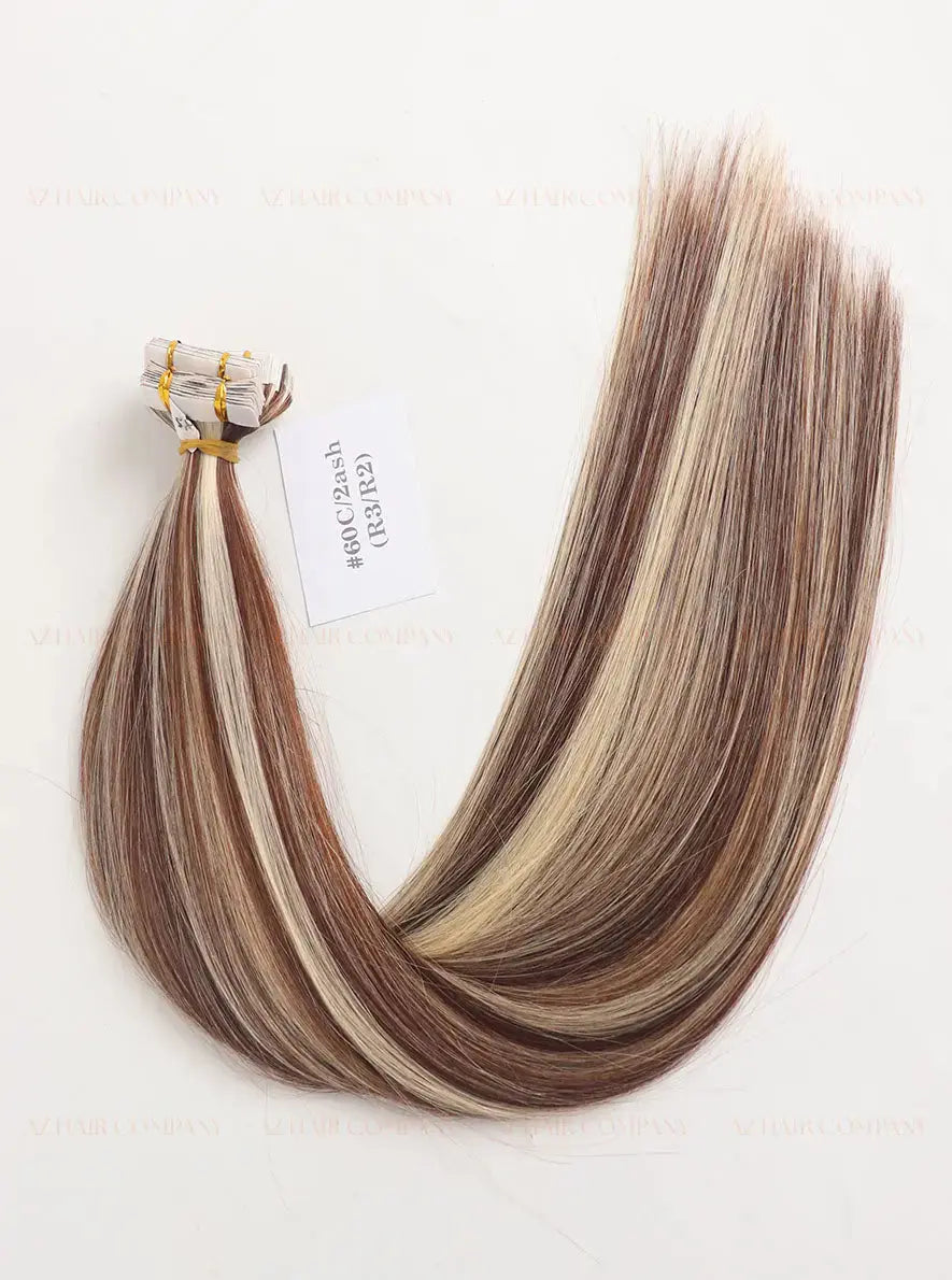 Highlight (#2ash/#60C) Bone Straight Regular Tape In Hair Extensions 100g - 100% Vietnamese Human Hair / AZ Hair Vietnam