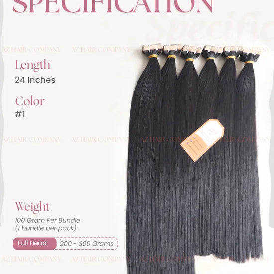 Jet Black (#1) Bone Straight Regular Tape In Hair Extensions 100g - Raw Vietnamese Hair / AZ Hair Vietnam