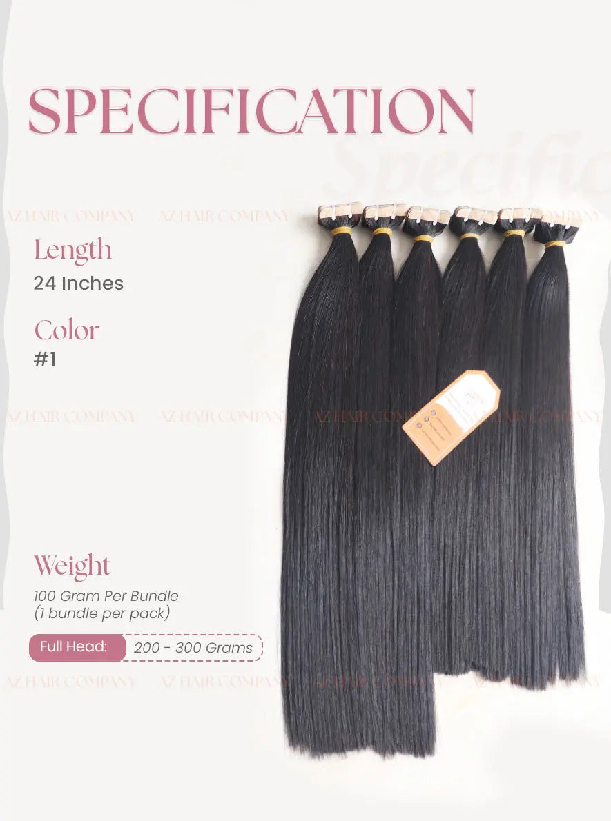 Jet Black (#1) Bone Straight Regular Tape In Hair Extensions 100g - Raw Vietnamese Hair / AZ Hair Vietnam