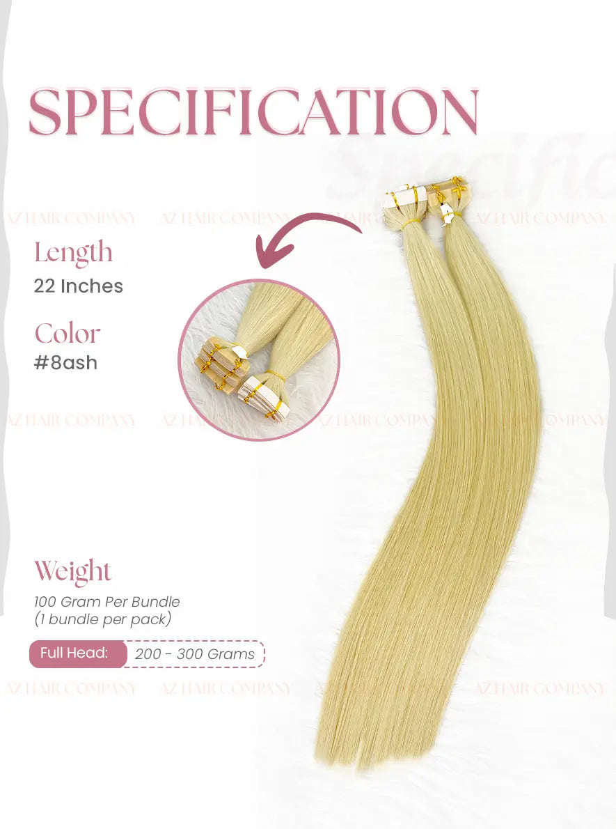Light Brown #8ash Bone Straight Regular Tape In Hair Extensions 100g - Single Donor Vietnamese Hair / AZ Hair Vietnam