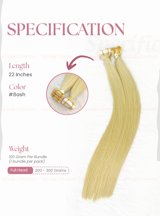 Light Brown #8ash Bone Straight Regular Tape In Hair Extensions 100g - Single Donor Vietnamese Hair / AZ Hair Vietnam