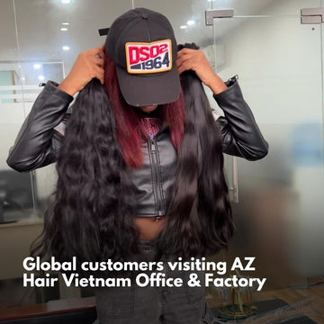 International wholesale buyer visiting AZ Hair Vietnam factory showroom Hanoi